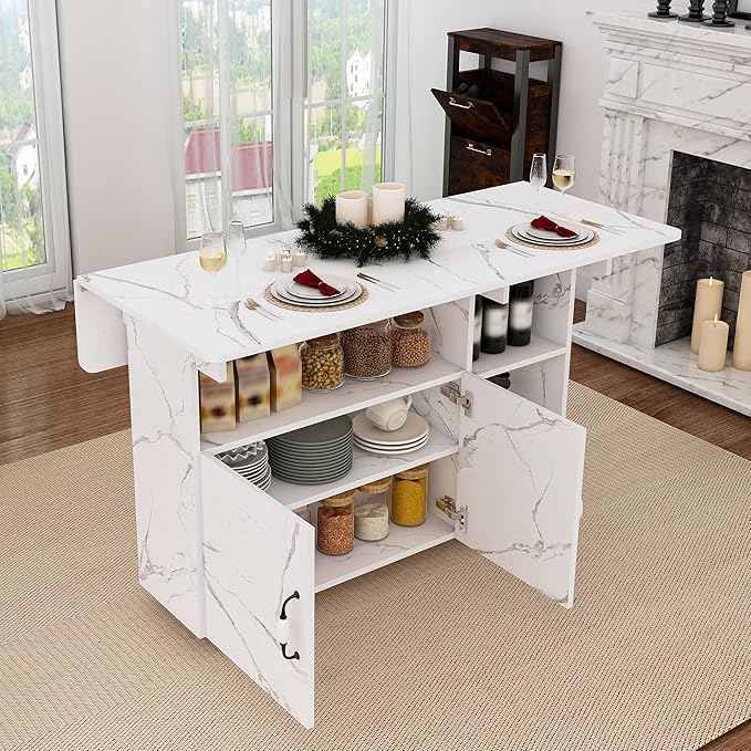 Farmhouse Folding Dining Table with Storage Shelves and Wheels, Space Saving Foldable Dining Table for Small Spaces Expandable Kitchen Table for Dining Room Living Room Apartment (White)