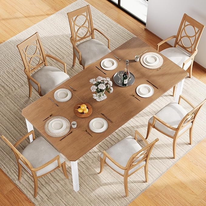 GAOMON Round Dining Table for 6-8 People - Rustic Industrial Farmhouse Long Table with Sturdy Metal Frame & Chamfered Corners for Dining Room, Ktichen Breakfast Nook, Walnut & White