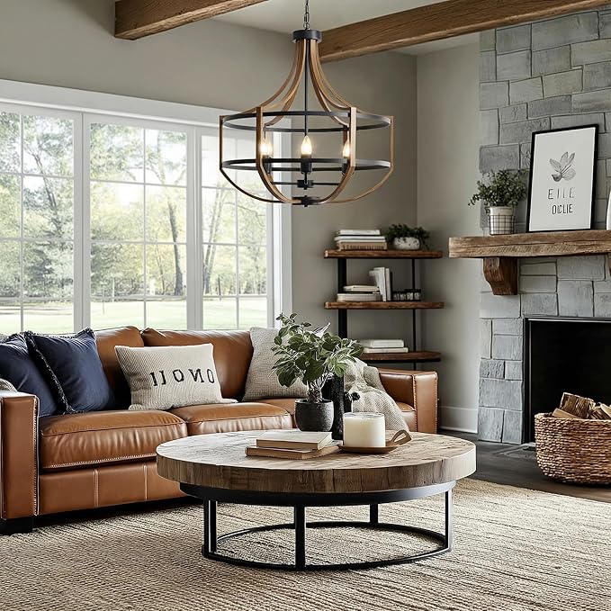 23.6" Farmhouse Chandelier for Dining Room, 6-Light Rustic Brown Faux Wood Pendant Light Fixtures, Black Frame Foyer Chandelier for Entryway Kitchen Island Bedroom Living Room