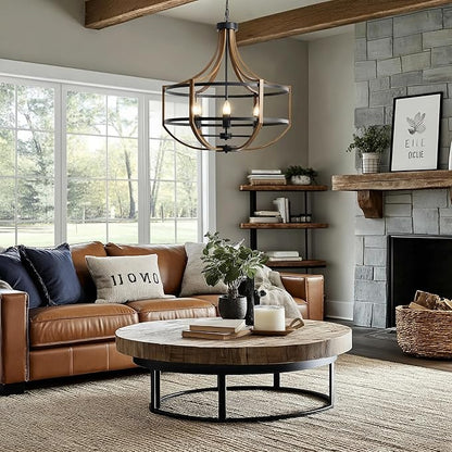 23.6" Farmhouse Chandelier for Dining Room, 6-Light Rustic Brown Faux Wood Pendant Light Fixtures, Black Frame Foyer Chandelier for Entryway Kitchen Island Bedroom Living Room