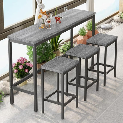 Merax Modern Design 4-Piece Counter Height Extra Long Dining Table Set with 3 Stools and Side Table with Footrest,Space-Saving Pub Kitchen Set,Easy Assembly,Grey