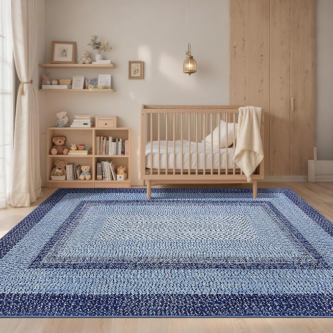 Washable Area Rugs 9x12 Living Room Modern Rugs for Bedroom Blue Rug Imitation Braided Soft Large Area Rug Non Slip Throw Rugs Stain Resistant Carpet for Nursery Dining Room 9'x12' Navy Blue