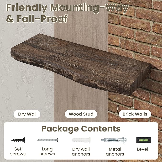 Fun Memories Floating Shelves for Wall Decor Set of 2-36 Inch Solid Elm Wood Live Edge - Rustic Walnut Wall Shelves with Invisible Brackets - for Living Room, Bedroom, Kitchen - Walnut Finish