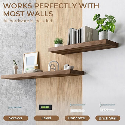 RICHFOCUS Deep Floating Shelves for Wall 2 Pack 12" D 55 Inch Wall Shelves for Room Wall|Wood Hanging Shelf with Invisible Brackets for Bathroom Bedroom Kitchen Laundry Room, Walnut