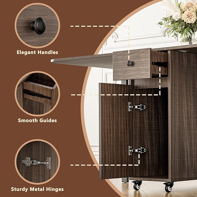 No Assembly Required Foldable Dining Table, Space Saving Extendable Kitchen Island with Drop Leaves for 2-6 People, Collapsible Craft Table with Movable Swivel Wheels for Small Spaces, Walnut