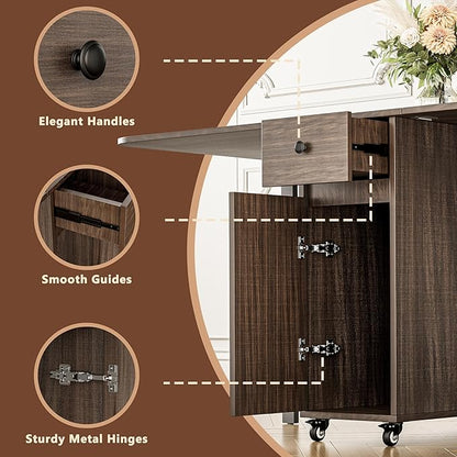 No Assembly Required Foldable Dining Table, Space Saving Extendable Kitchen Island with Drop Leaves for 2-6 People, Collapsible Craft Table with Movable Swivel Wheels for Small Spaces, Walnut
