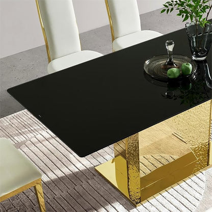 Modern Rectangular Glass Dining Table for 6-8,Elegant Dining Room Tables with Gold Mirrored Stainless Steel Base,70'' Kitchen Table with Black Glass top,for Kitchen Room/Office(Only Table)