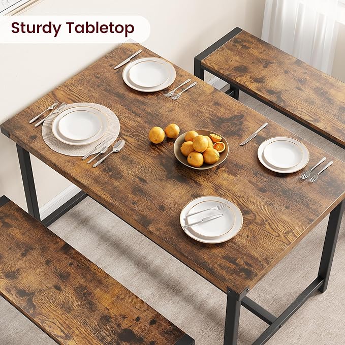 CABIHOME Dining Table Set for 4 with 2 Benches, Kitchen Table Set for 4-6 with Corner Protector, Dining Table and 2 Benches with H-Shaped Frame for Small Space, Kitchen, Apartment，Rustic Brown