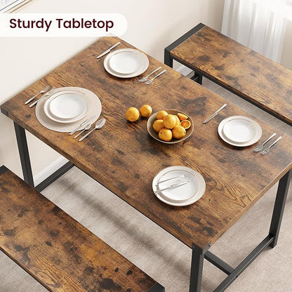 CABIHOME Dining Table Set for 4 with 2 Benches, Kitchen Table Set for 4-6 with Corner Protector, Dining Table and 2 Benches with H-Shaped Frame for Small Space, Kitchen, Apartment，Rustic Brown