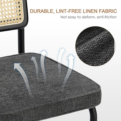 Zesthouse Rattan Dining Chairs Set of 2, Mid Century Modern Dining Room Chairs with Natural Cane Mesh & Black Metal Base, Ceaca Kitchen Chair with Upholstered Linen Fabric Cushion, Dark Grey