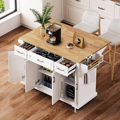 JIJIWANG 54" Large Kitchen Island with Drop Leaf and Storage, Embossed Texture Rolling Kitchen Cart on 4 Wheels with 4 Doors and 3 Drawers for Dining Room, White