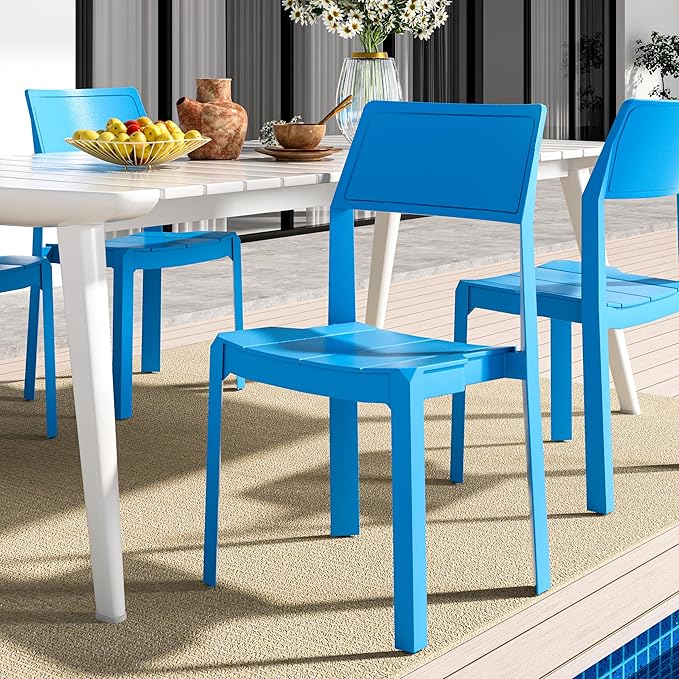 VECELO 4 Pack Plastic Dining Chairs, Stackable Patio Chairs for Indoor Outdoor Use in Kitchen, Poolside, No Assembly Required, Blue