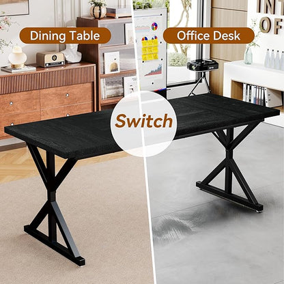 Farmhouse Dining Table for 6 People, 70.8 Inch Rectangular Wood Dining Table, Rustic Kitchen Table with Extra Heavy Duty Metal Legs for Dining Room-Black