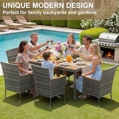 Devoko Dining 7 PCS Furniture, Patio Conversation Set with Acacia Wood Table Top, Outdoor, Beige Cushion and Grey Rattan