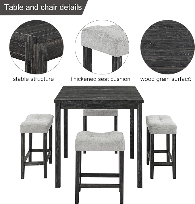LKTART Dining Bar Table and Chairs Set 5 Piece Bar Table Set, Industrial Breakfast Table with 4 Padded Stools for Kitchen Dining Room Living Room (Black + Gray)