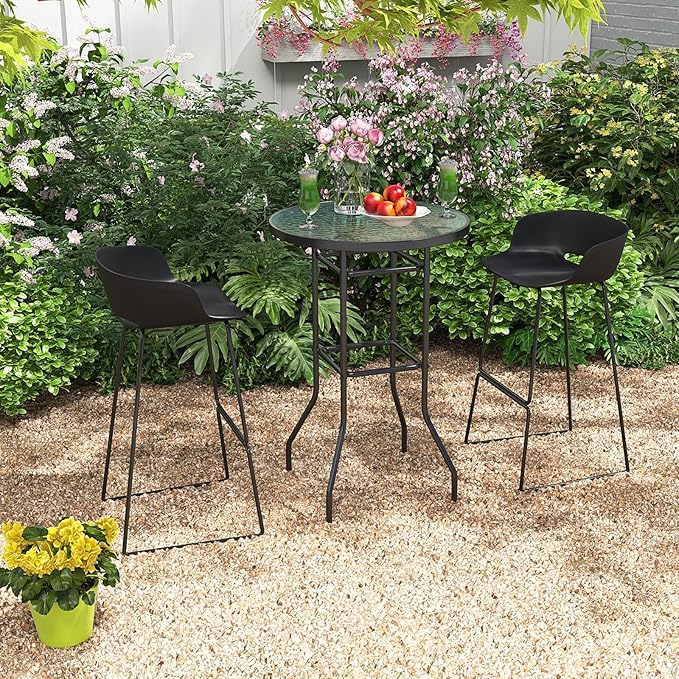 Giantex Patio Bar Table, 38" Height High Top Bistro Table, 27" Round Tempered Glass Tabletop, Heavy-Duty Metal Frame, Outdoor Table for Bistro Porch Garden Balcony