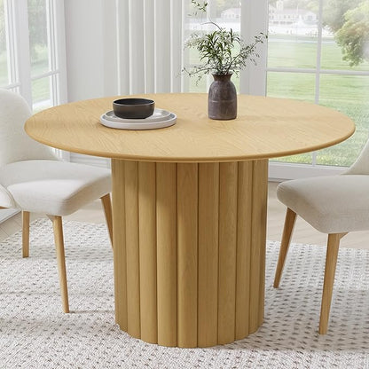 Casaphoria 46" Round Dining Table, Modern Wood Kitchen Table with Cylindrical Wide Bar Protruding Base for Living Room & Dining Room, Easy Assembly Farmhouse Furniture for 4-6, Oak