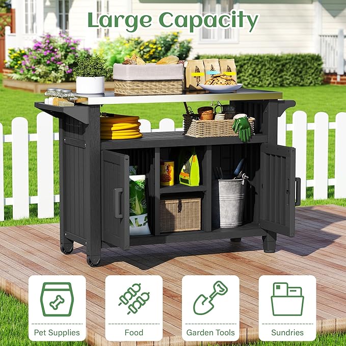 Bifanuo Resin Outdoor Kitchen Island with Stainless Steel Top & Storage Cabinet for Kitchen Prep, Weatherproof Outdoor Grill Table/Cart for BBQ Food Prep, Black