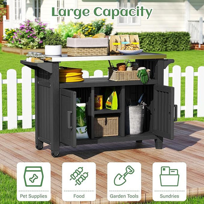 Bifanuo Resin Outdoor Kitchen Island with Stainless Steel Top & Storage Cabinet for Kitchen Prep, Weatherproof Outdoor Grill Table/Cart for BBQ Food Prep, Black