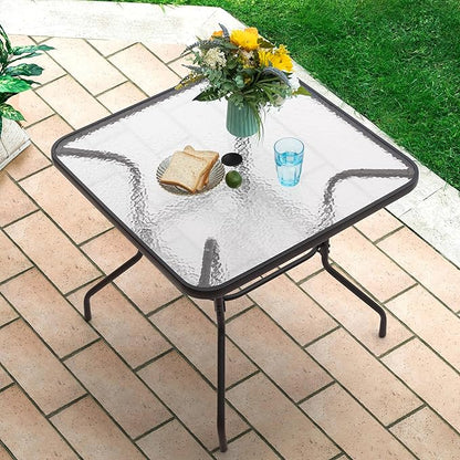 NUU GARDEN 31.5" Square Patio DiningTable, Patio Table with Umbrella Hole, Patio Dining Table with Tempered Glass, Outdoor Dining Tables, Square Patio Table for Balcony,Black