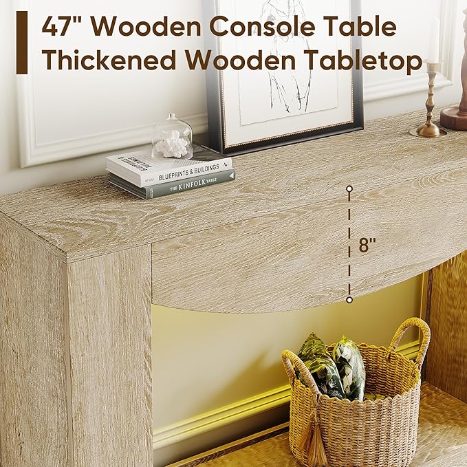 knoworld Farmhouse Console Table, 47 Inches Entryway Console Table with LED Light, Sofa Table Behind Couch, Wooden Accent Entryway Table for Living Room, Hallway