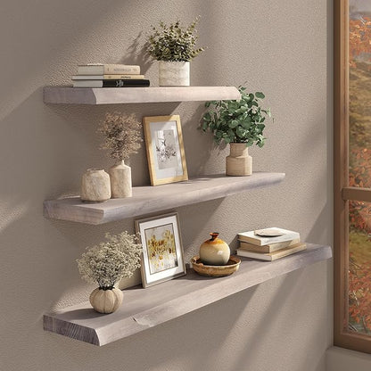 Live Edge Floating Shelf, 40 Inch Solid Elm Wood - Weathered Gray Rustic Wood Wall Shelf with Invisible Brackets for Living Room, Kitchen, Bathroom