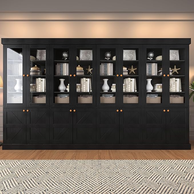 ivaniti 71" Tall Farmhouse Kitchen Pantry, Rustic Large Storage Cabinet with Glass Doors, Adjustable Shelves, Wood Versatile Hutch Cabinet for Dining Room, Living Room, Black 4 Pcs