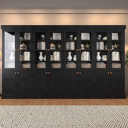 ivaniti 71" Tall Farmhouse Kitchen Pantry, Rustic Large Storage Cabinet with Glass Doors, Adjustable Shelves, Wood Versatile Hutch Cabinet for Dining Room, Living Room, Black 4 Pcs