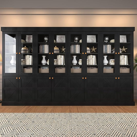 ivaniti 71" Tall Farmhouse Kitchen Pantry, Rustic Large Storage Cabinet with Glass Doors, Adjustable Shelves, Wood Versatile Hutch Cabinet for Dining Room, Living Room, Black 4 Pcs