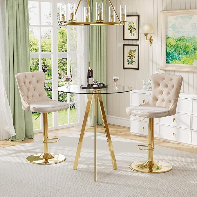 31.5'' Glass Round Bar Table with Stools Set for 2, Modern High Top Pub Table & 2 Adjustable Metal Bar Stool Velvet Swivel Counter Height Bars Chairs (Gold Metal Legs, Clear Top + Beige Chair)