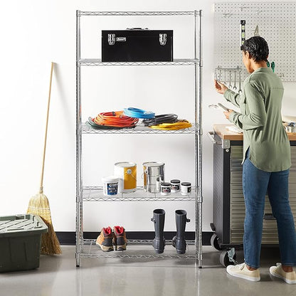 Basics 5-Shelf Adjustable Heavy Duty Steel Wire Rack, Space Saving Storage Shelving Organizer for Kitchen, Garage, No-Tool Assembly, 350 lbs Weight Capacity, 36" x 14" x 72", Chrome
