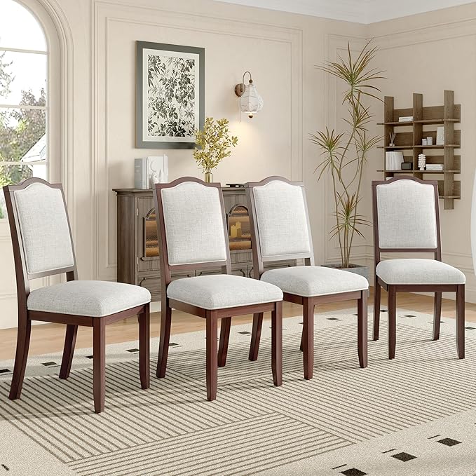Ball & Cast Farmhouse Dining-Chairs Set of 4, High Back Wood Frame Dining Room Chair with Padded Seat, Modern Upholstered Kitchen Island Seating, 4 Pack Mid-Century Chairs, Cherry&Beige