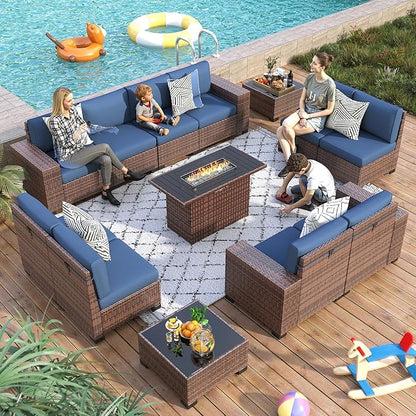 13 Piece Patio Furniture Set with Fire Pit Table, Wide Armrest Outdoor Sectional Sofa Brown Wicker Rattan Conversation Sets, 4'' Thickened Cushion Navy Blue