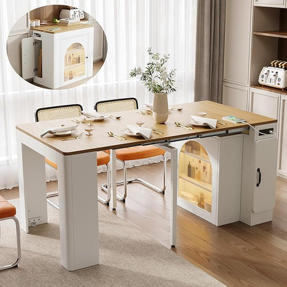 Extendable Dining Table for 4-6, 33''-59'' Extending Dining Table w/Removable Leaves Space Saving, Mobile Rolling Island Tables with Power Outlet Wooden Adjustable Tables for Kitchen (Cream White)