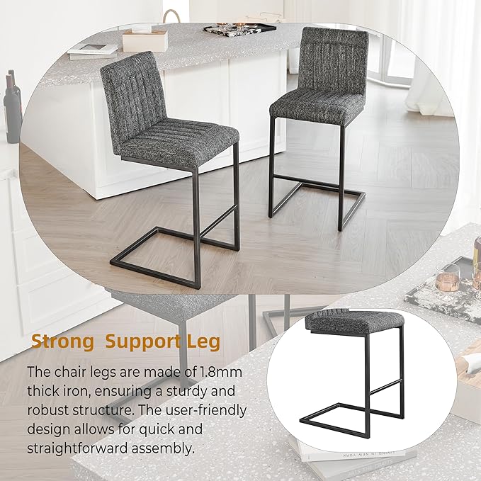 26" Counter Height Bar Stools Set of 2, Modern Upholstered Chairs with Vertical Tufted Backrest & Footrest, Metal Frame for Kitchen Island, Home Bar (Dark Gray Knitted)