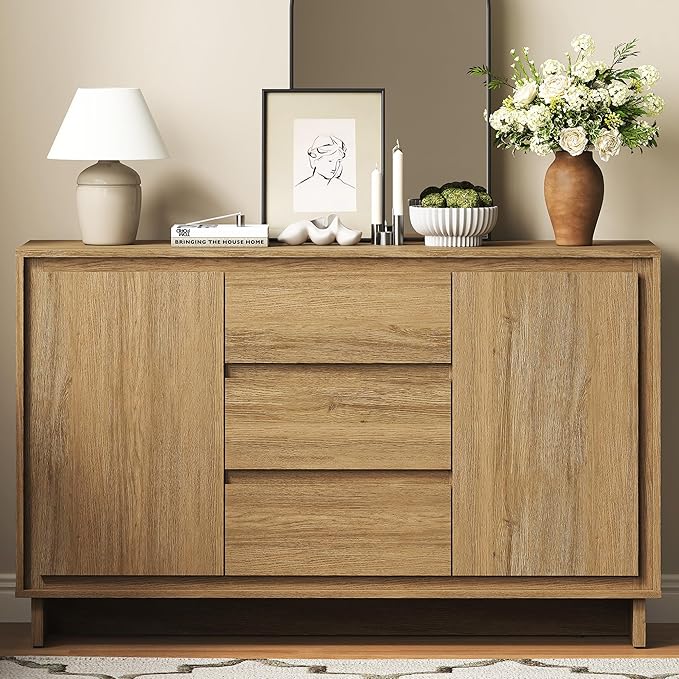 RoyalCraft Buffet Cabinet with Storage, Coffee Bar Cabinet with 3 Drawers and 2 Doors, Framed Edge Design, Modern Sideboard for Kitchen, Living Room and Dining Room, Natural