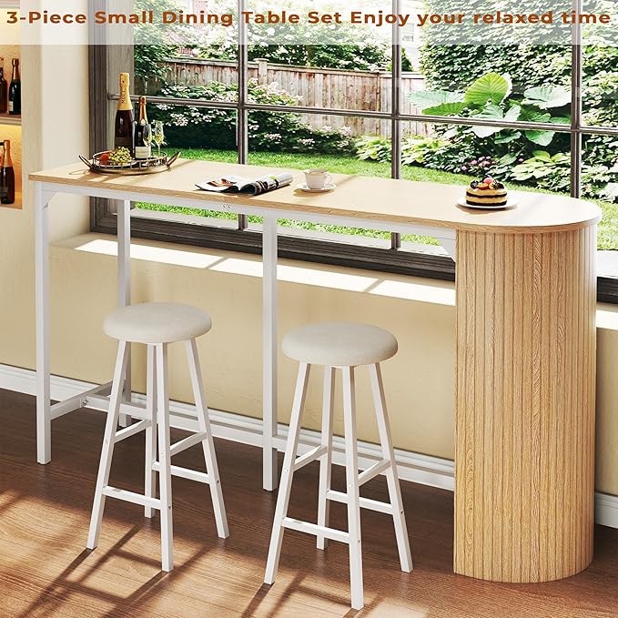Fluted Bar Table and Chairs Set, 55'' Long Bar Tables with 2 Stools, 3 Piece Counter Height Dining Table for 2, Space Saving Kitchen Table for Bar, Dining Room, Kitchen, Breakfast Nook Corner, Natural