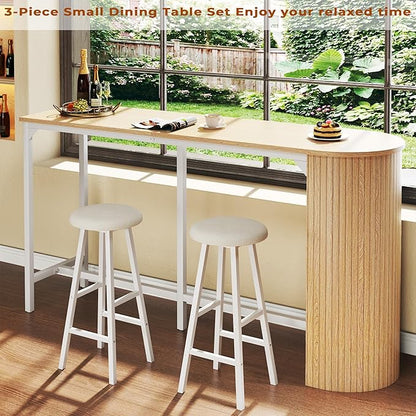 Fluted Bar Table and Chairs Set, 55'' Long Bar Tables with 2 Stools, 3 Piece Counter Height Dining Table for 2, Space Saving Kitchen Table for Bar, Dining Room, Kitchen, Breakfast Nook Corner, Natural