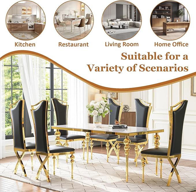 Glass Dining Table Set for 6, Luxurious 70 Inch Rectangular Kitchen Table with White Tempered Glass Top, 6 Black PU Leather Cushion Chairs for Dining Room, Restaurant, Living Room