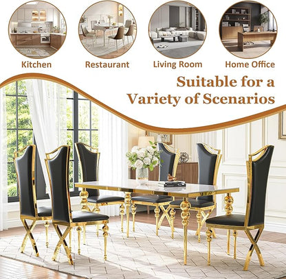 Glass Dining Table Set for 6, Luxurious 70 Inch Rectangular Kitchen Table with White Tempered Glass Top, 6 Black PU Leather Cushion Chairs for Dining Room, Restaurant, Living Room
