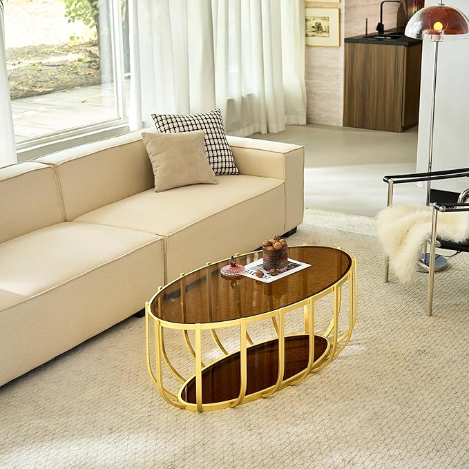 Saint Mossi Glass Oavl Coffee Table for Living Room, Mid Century Modern 2-Tier Glass Drum Center Table, Brown Glass Top with Gold Finish Legs & Frame, L42.5xW23xH16.5