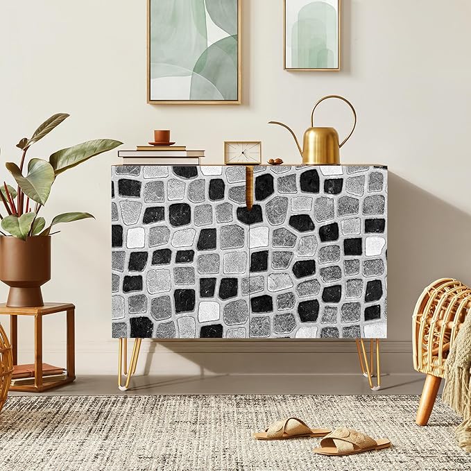 SIGNWIN Sideboard Buffet Cabinet, Kitchen Storage Cabinet with 2 Doors, Black Gray Geometric Square Patterns, Cupboard Console Table for Dining Room - 35" L x 18" W x 29" H