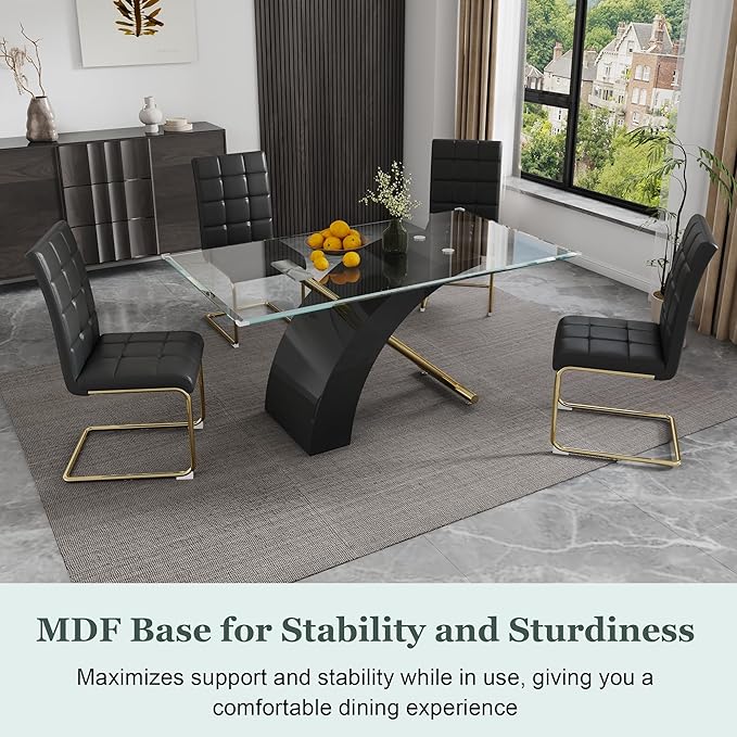 5-Piece Glass Dining Table Set, 63" White Kitchen Table with X-Shape MDF Base, Dining Room Set for 4 with 4 Leather Upholstered Chair for Kitchen, Dining Room (Black,Gold)