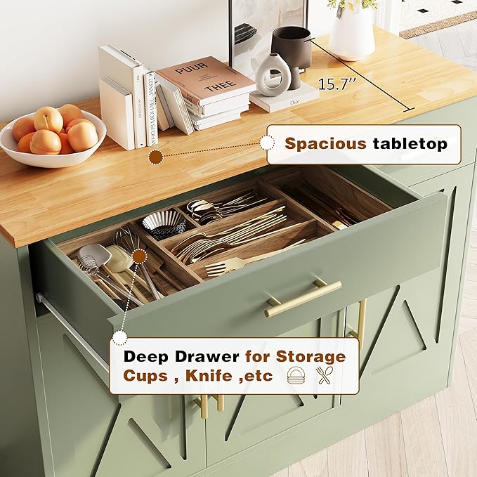 Vongrasig 43” Sideboard Buffet Cabinet with Storage, Farmhouse Coffee Bar with Drawers and Shelves, Wood Buffet Table for Kitchen, Dining Room, Green