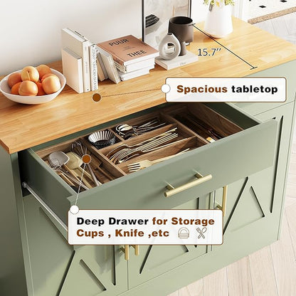 Vongrasig 43” Sideboard Buffet Cabinet with Storage, Farmhouse Coffee Bar with Drawers and Shelves, Wood Buffet Table for Kitchen, Dining Room, Green
