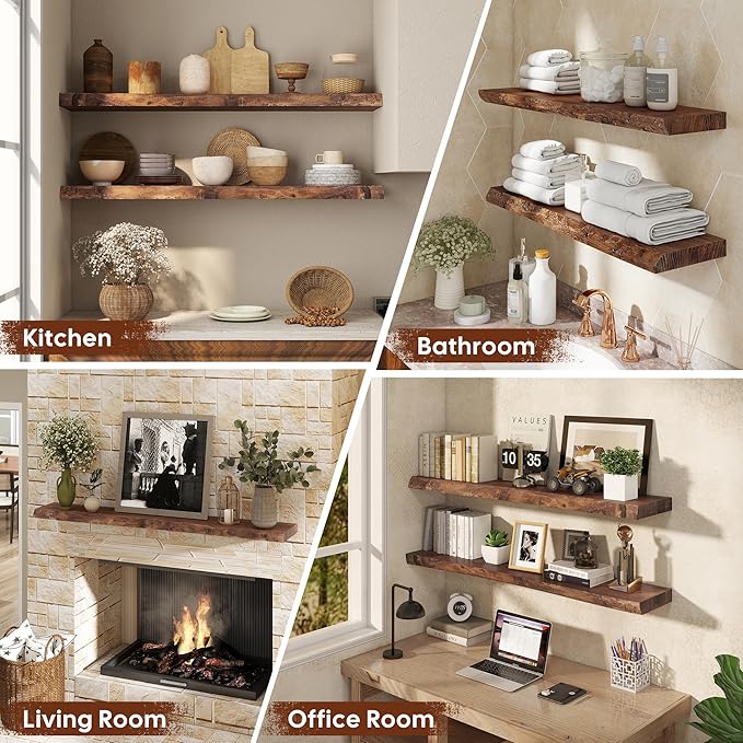 Long Live Edge Floating Shelf, 55 Inch Solid Elm Wood - Vintage Brown Rustic Wood Wall Shelf with Invisible Brackets for Living Room, Kitchen, Bathroom