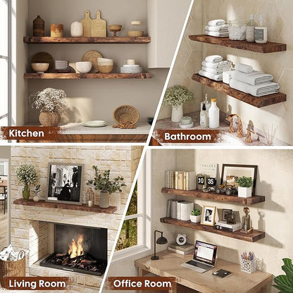 Live Edge Floating Shelves Set of 2, 36 Inch Solid Elm Wood Wall Shelves - Invisible Bracket Mount for Living Room, Bedroom, Kitchen, Bathroom | Vintage Rustic Decor