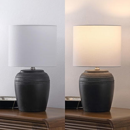 JONATHAN Y 16.75" Black/Nickel Ceramic Table Lamp Set of 2, Rustic Traditional Reeded Vase Lamps with White Linen Shade for Bedroom Living Room Decor JYL5707A-SET2