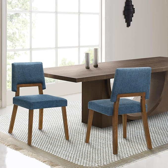 Armen Living Channell Wood Dining Chair in Walnut Finish with Blue Fabric - Set of 2
