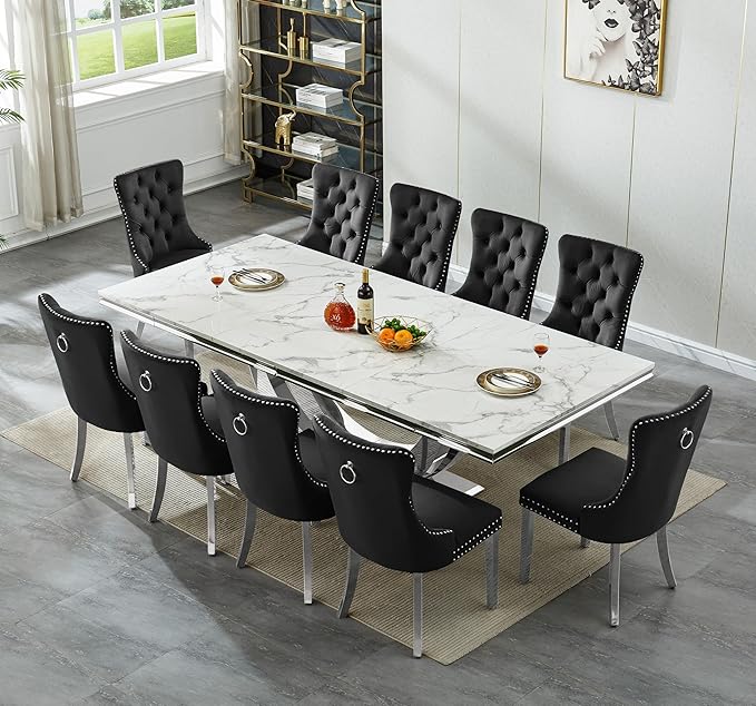 94 Inch White Marble Dining Table for 6-10 People, Modern Extra Long Rectangular Kitchen Table w/Faux Marble Top & Gorgeous Mirrored Stainless Steel Base, Large Rectangular Silver Dining Room Table